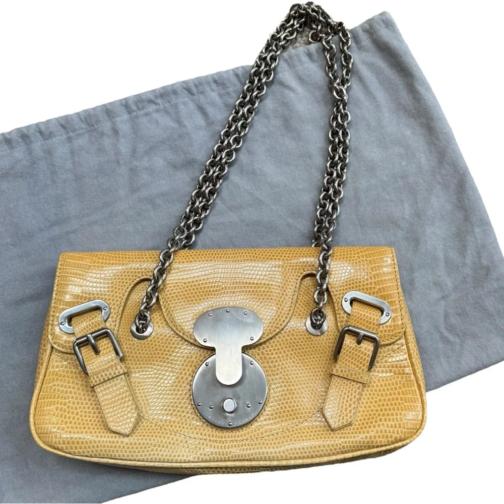 Ralph Lauren Ricky Yellow Lizard Leather Silver Chain Handle Bag Y2K Runway - Picture 2 of 15